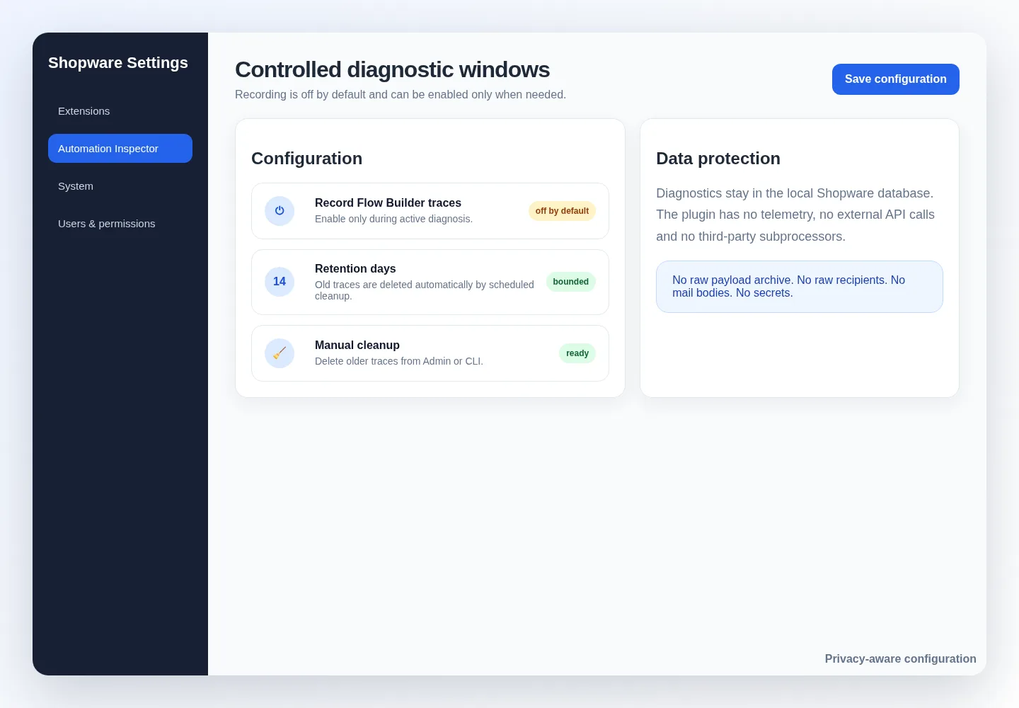 Einstellungen des Automation Inspector in der Shopware-Administration mit Aufzeichnung, Aufbewahrungsdauer und Hinweis zum Datenschutz