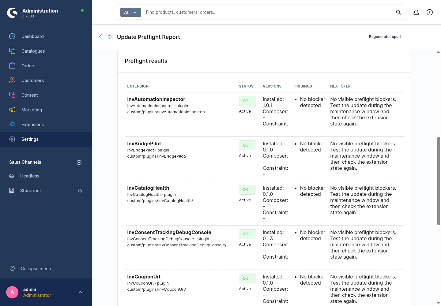 Shopware-Administration mit dem Update Preflight Report: Tabelle aller Erweiterungen mit Status, Version und nächstem Schritt